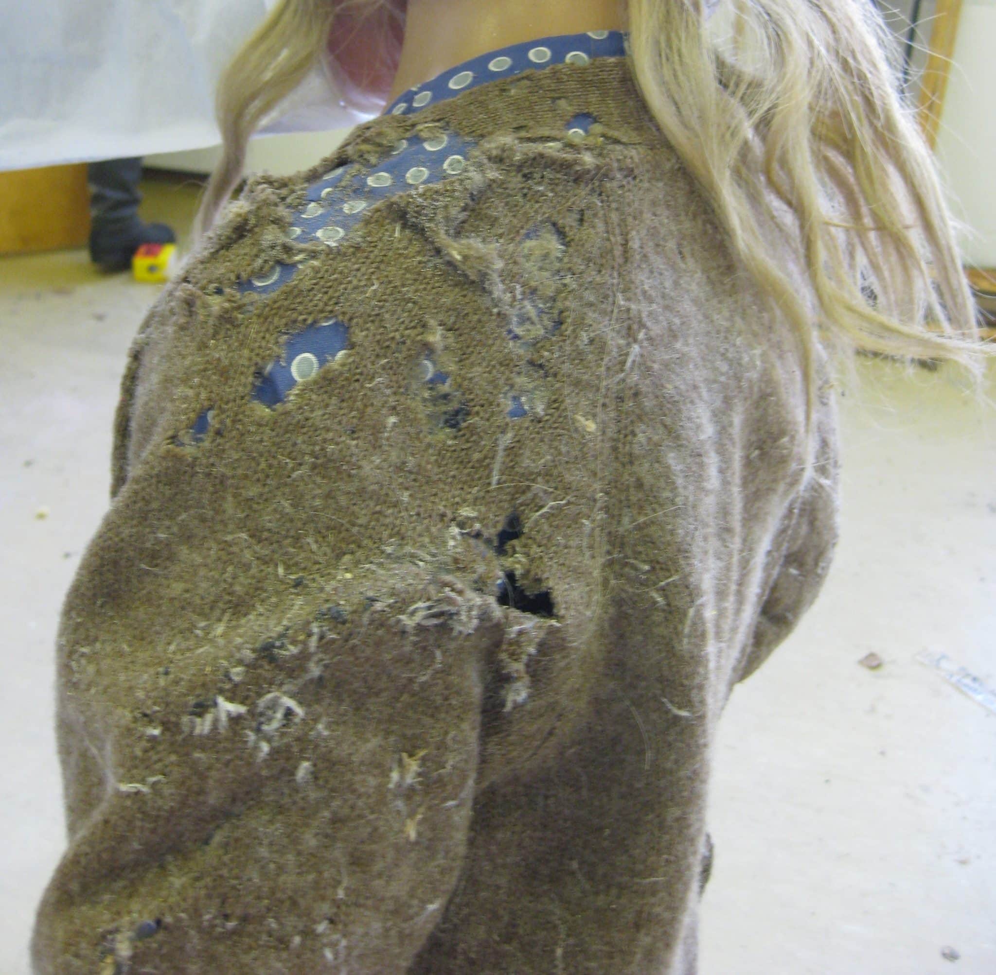Wool garment riddled with irregular holes and covered in larval silk and debris from clothes moth feeding damage. Photo: Lyylihelena, CC BY-SA 4.0, via Wikimedia Commons.