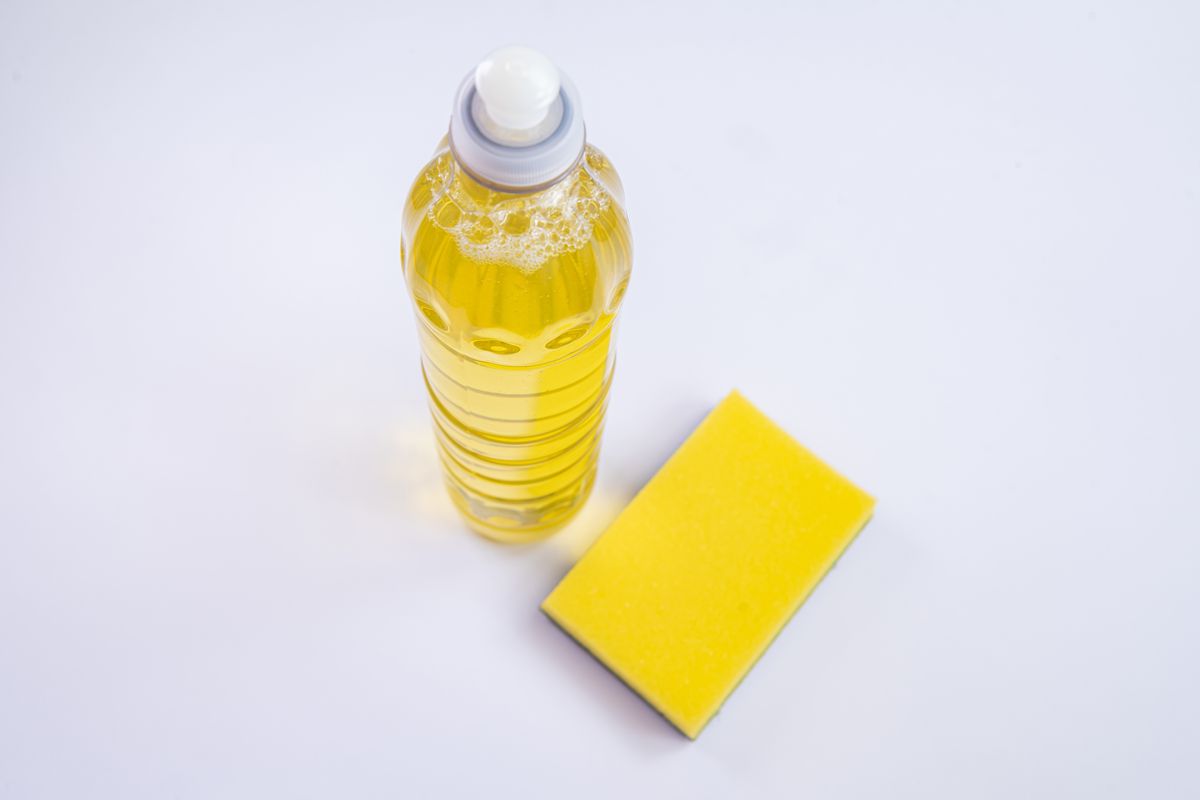 Bottle of liquid dish soap standing on a kitchen counter