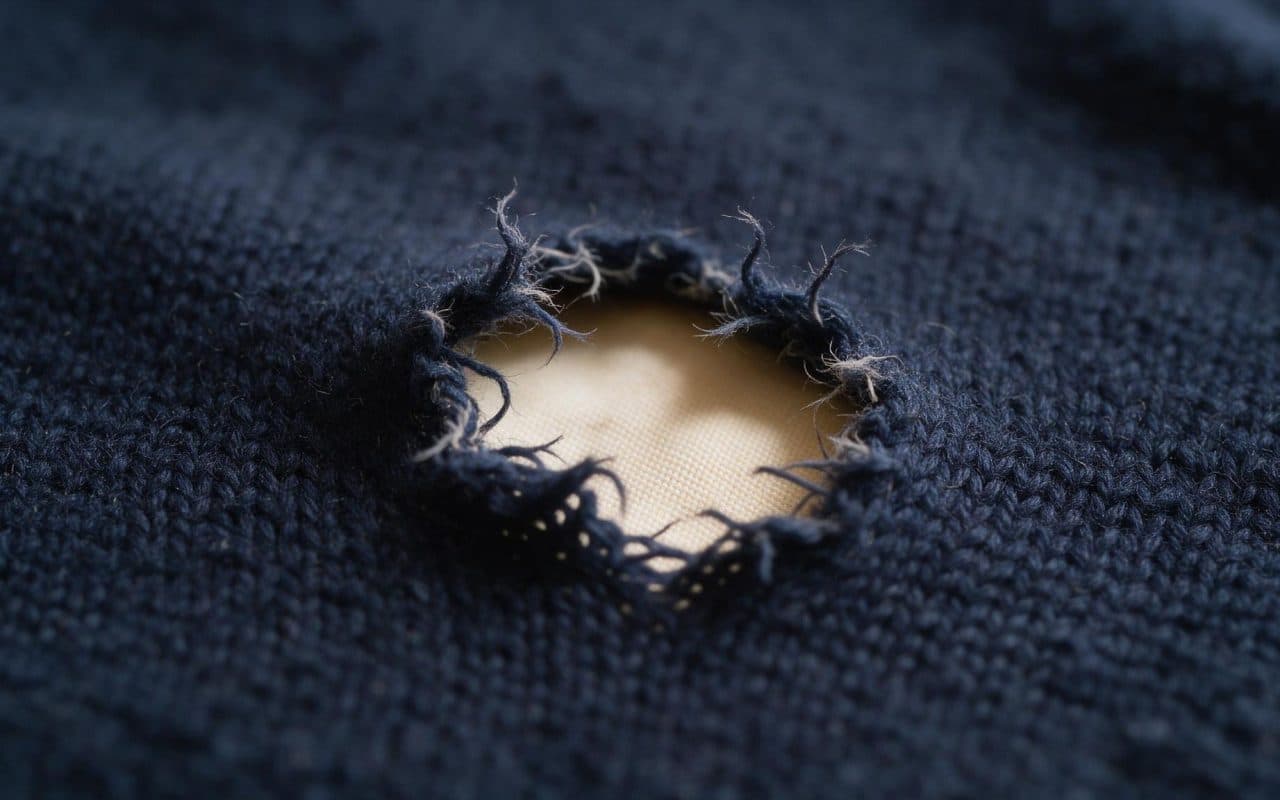 Small ragged hole eaten through grey wool fabric, fibres frayed around the edges