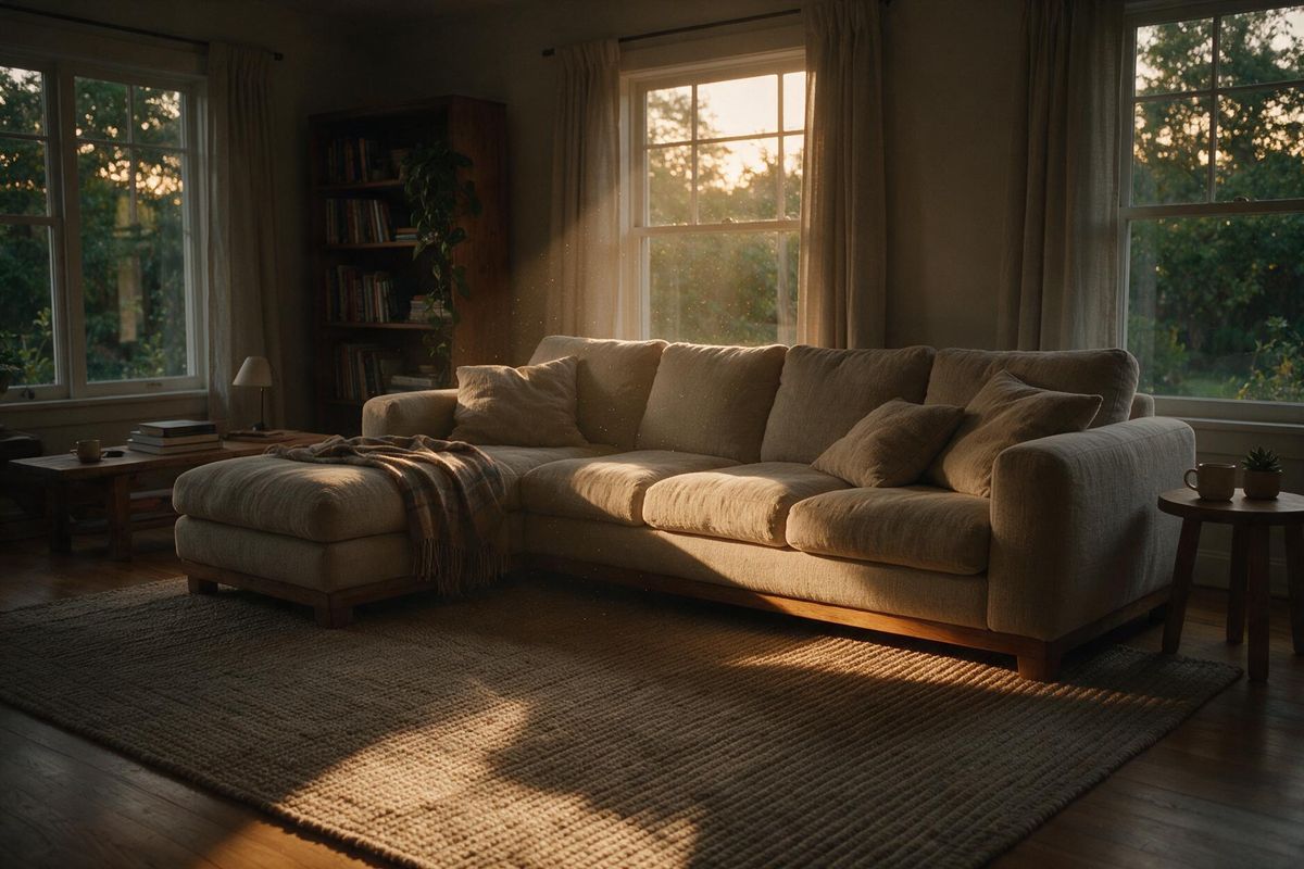 Sofa standing on a large woven carpet in a living room