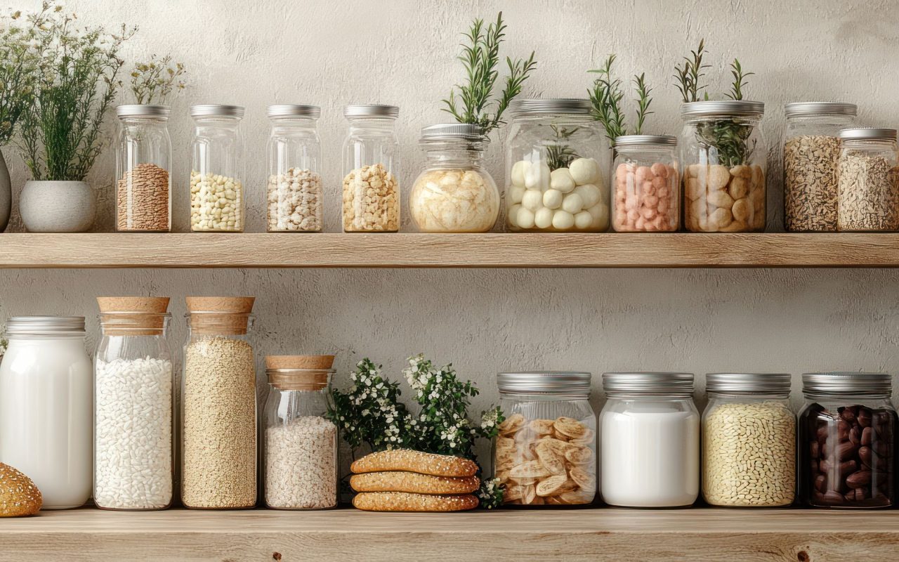 Organized pantry with dry goods stored in sealed glass jars and containers on wooden shelves