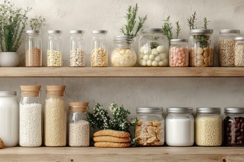 Organized pantry with dry goods stored in sealed glass jars and containers on wooden shelves