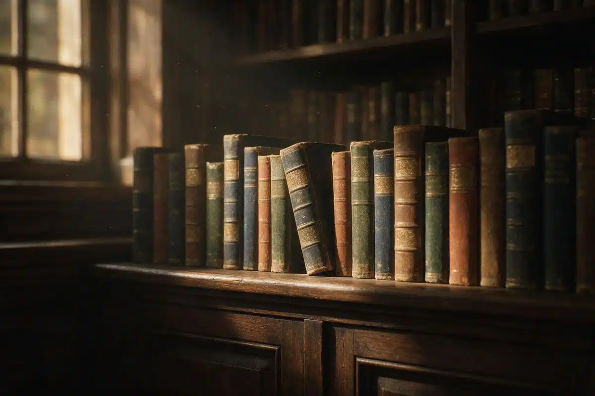 Stack of old hardback books with worn spines resting on a wooden cabinet