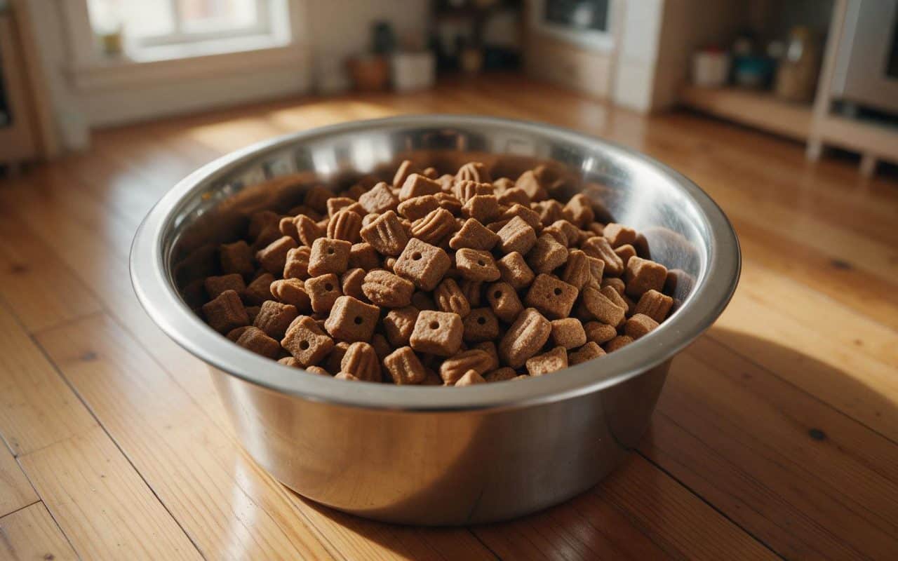 Brown dry dog kibble filling a bowl on a dark wooden surface.
