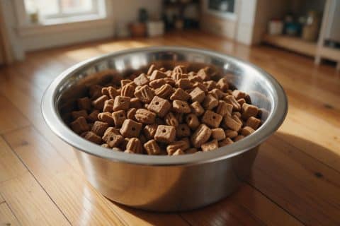 Brown dry dog kibble filling a bowl on a dark wooden surface.