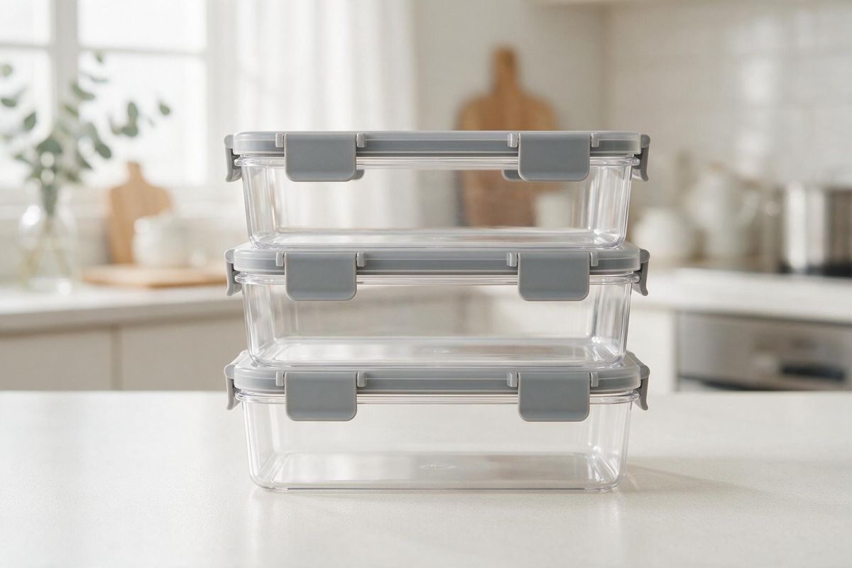 Stacked clear plastic food storage containers with snap-on lids on a plain background.