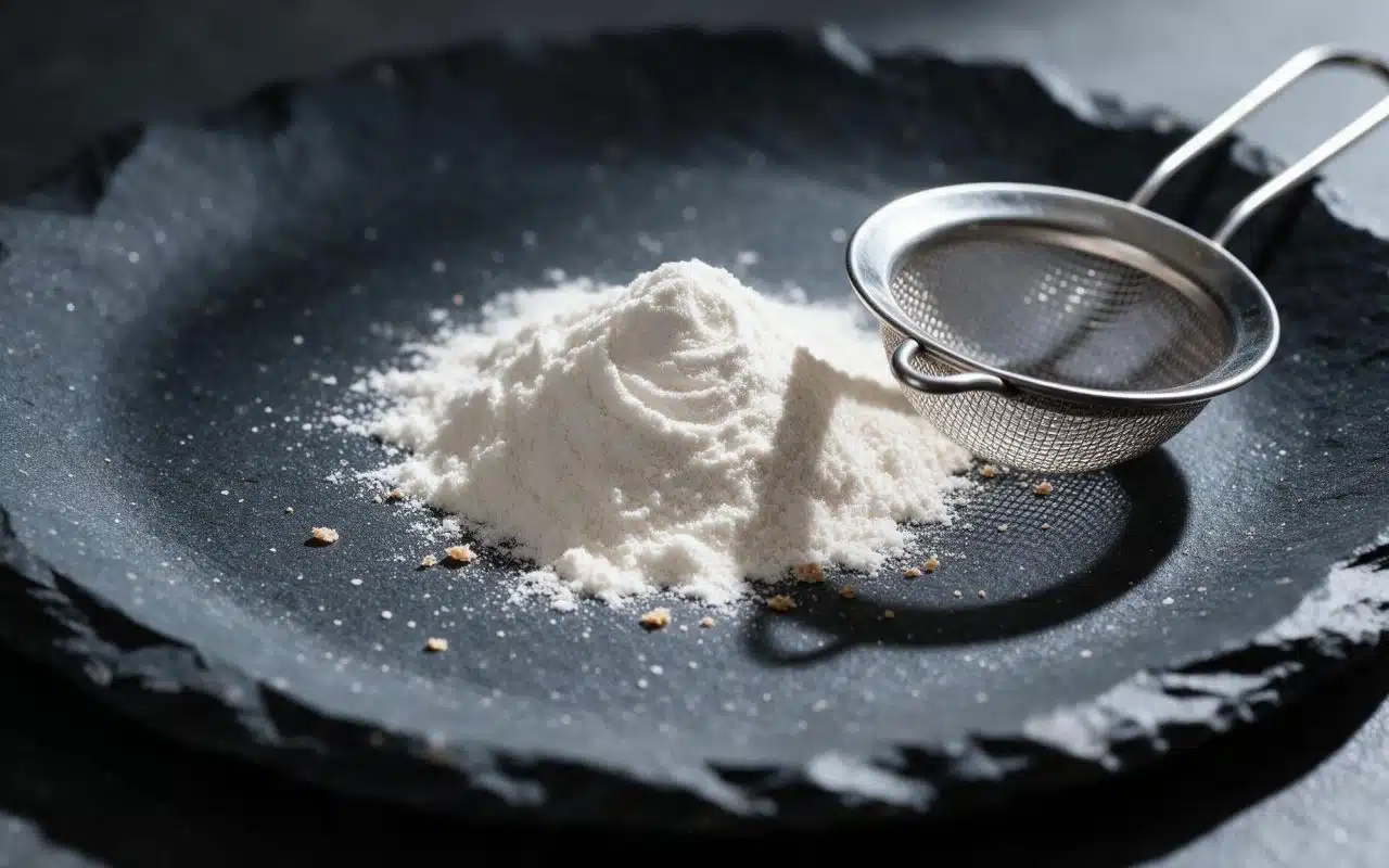 White flour tipped onto a dark slate tray beside a fine sieve