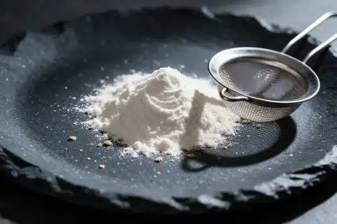 White flour tipped onto a dark slate tray beside a fine sieve