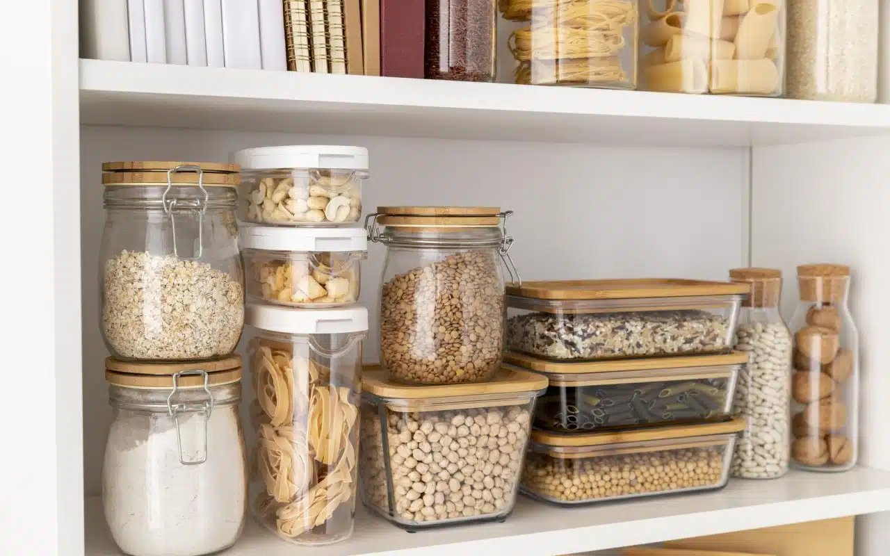 Kitchen pantry shelves lined with glass and plastic containers of cereal, pasta and other dry goods
