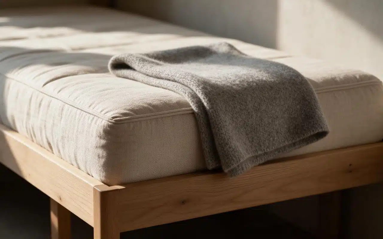 Corner of a stripped mattress with a folded grey wool blanket across it