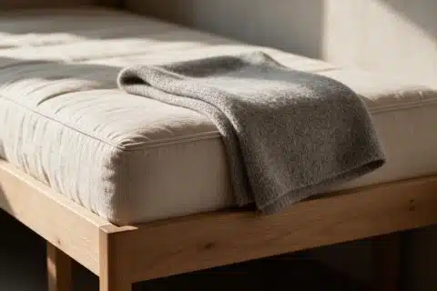 Corner of a stripped mattress with a folded grey wool blanket across it