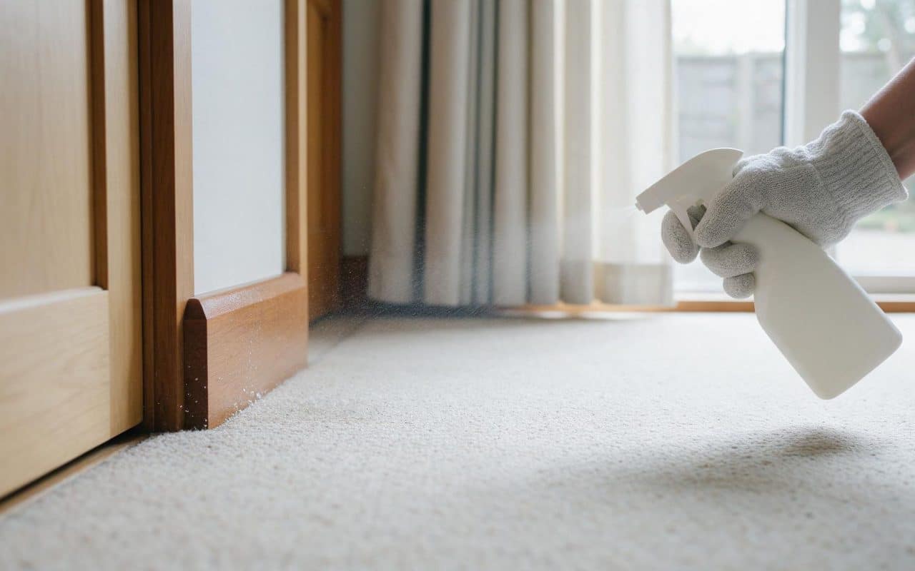 Gloved pest control worker spraying insecticide along an indoor surface, seen close up