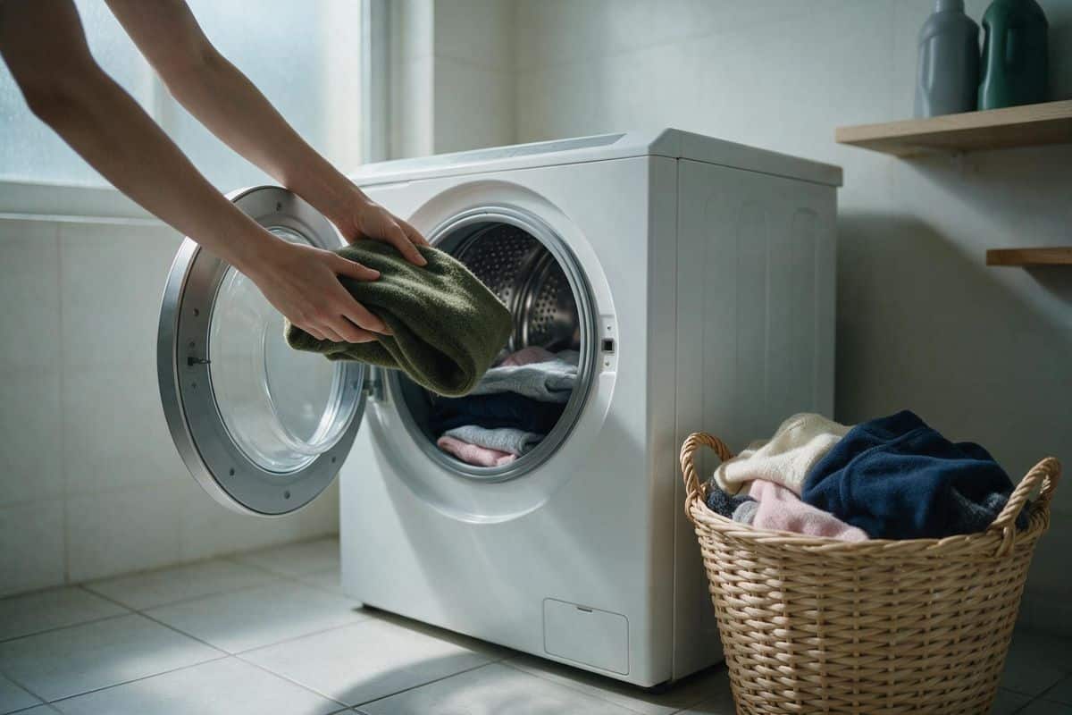 Person loading clothing into the drum of a front-loading washing machine