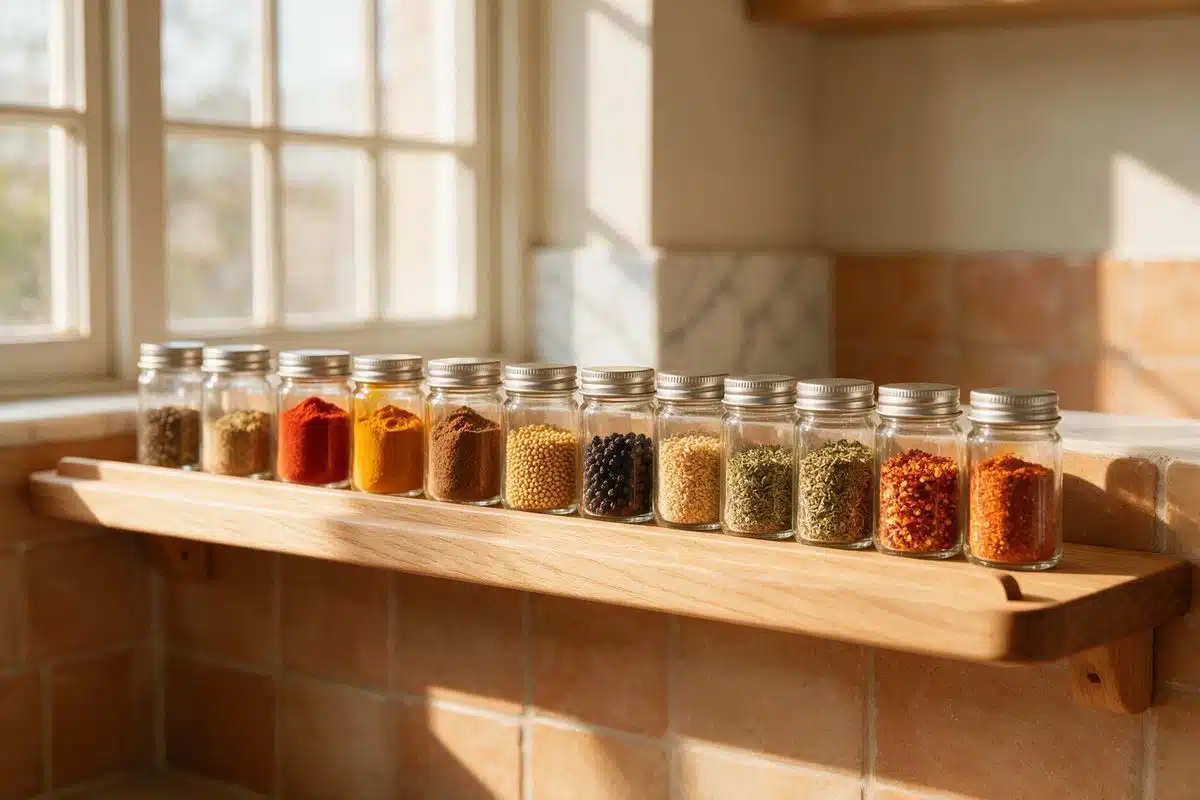 Row of matching glass spice jars with sealed lids, filled and organised on a kitchen shelf