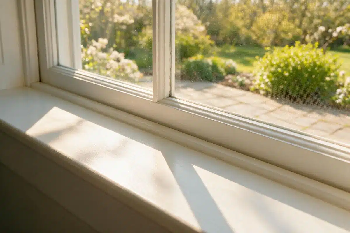 Close-up of a white painted interior window sill and lower frame lit by daylight