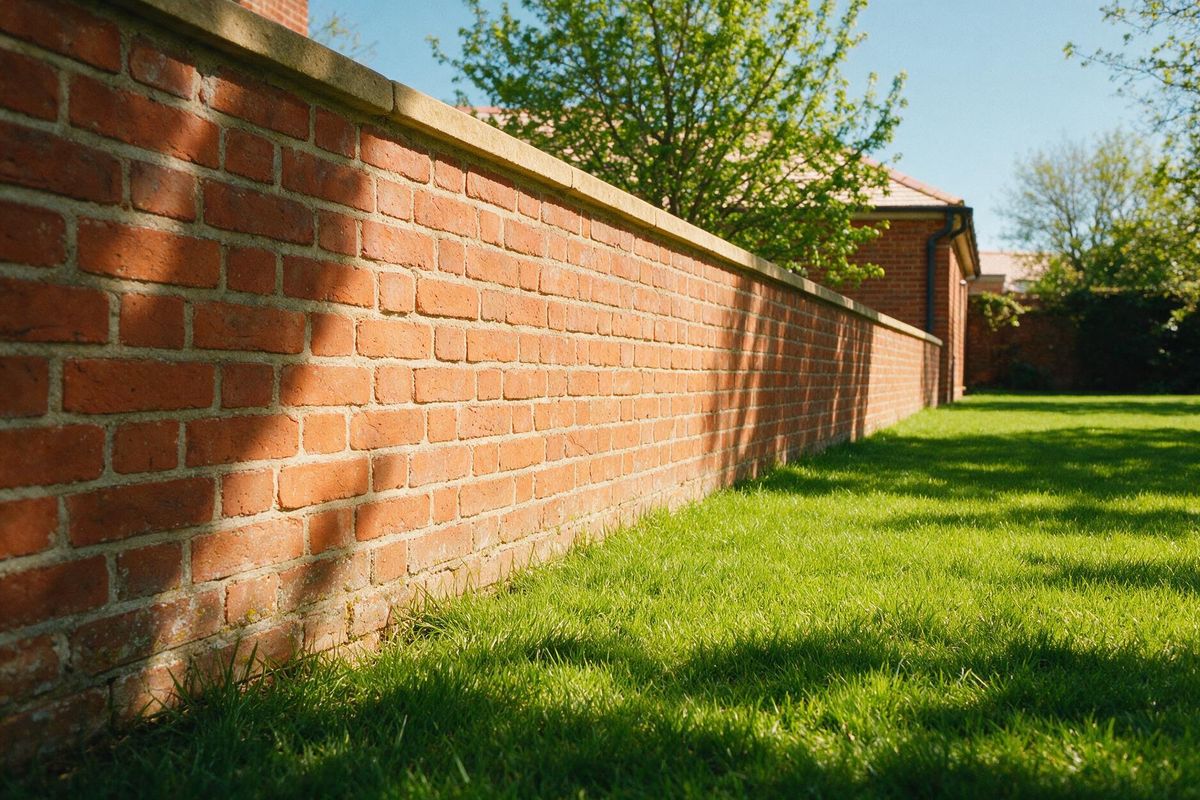 Sunlit brick house wall with dense lawn growing right up to the brickwork