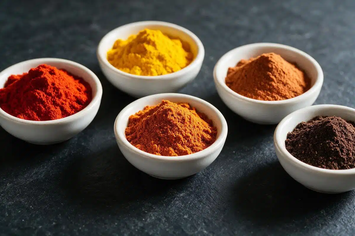 Assorted ground spices in open bowls arranged on a dark surface