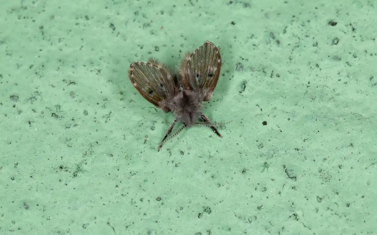 Drain fly resting on a pale surface, hairy wings held tented roof-like over its body