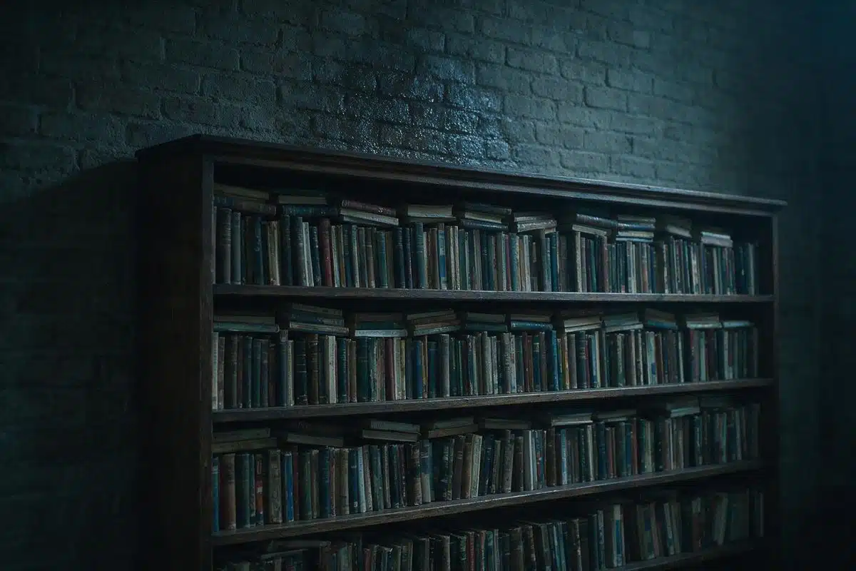 Bookcase pushed against a cold exterior wall with a faint damp patch above it