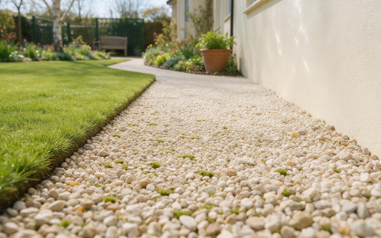 Band of pale gravel laid between a lawn and the base of a house wall