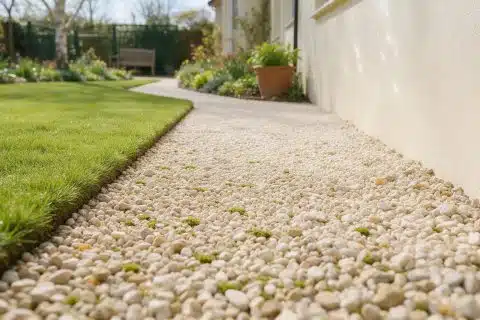 Band of pale gravel laid between a lawn and the base of a house wall