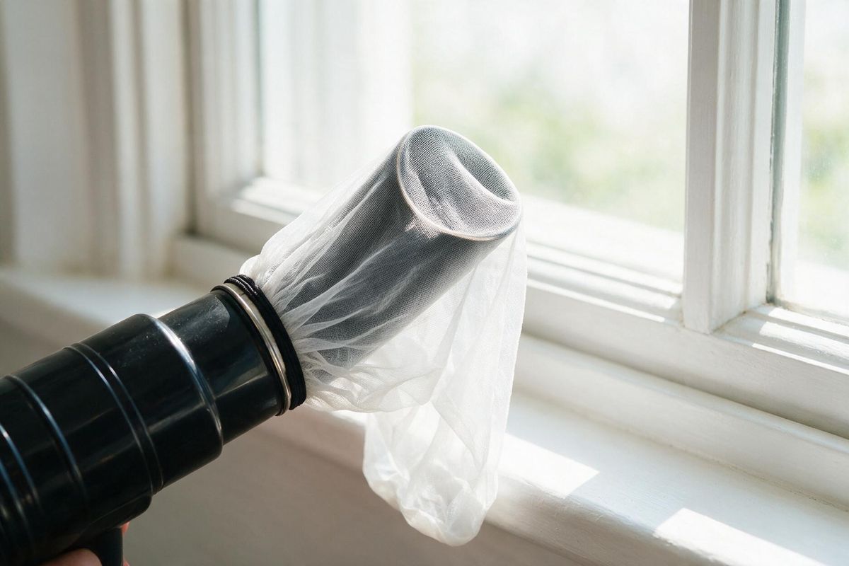 Vacuum nozzle with a nylon stocking stretched over the opening, held near a window frame