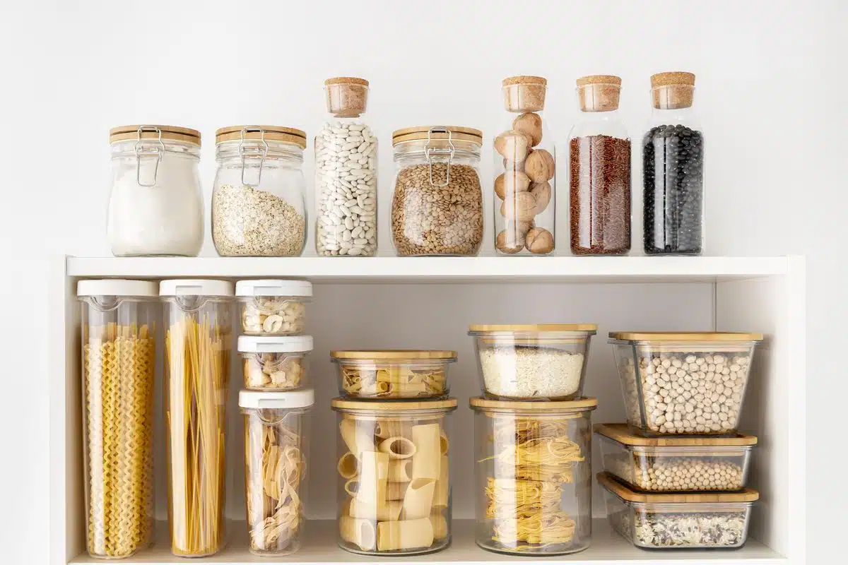 Kitchen shelves lined with clear sealed containers holding grains, pasta and cereal