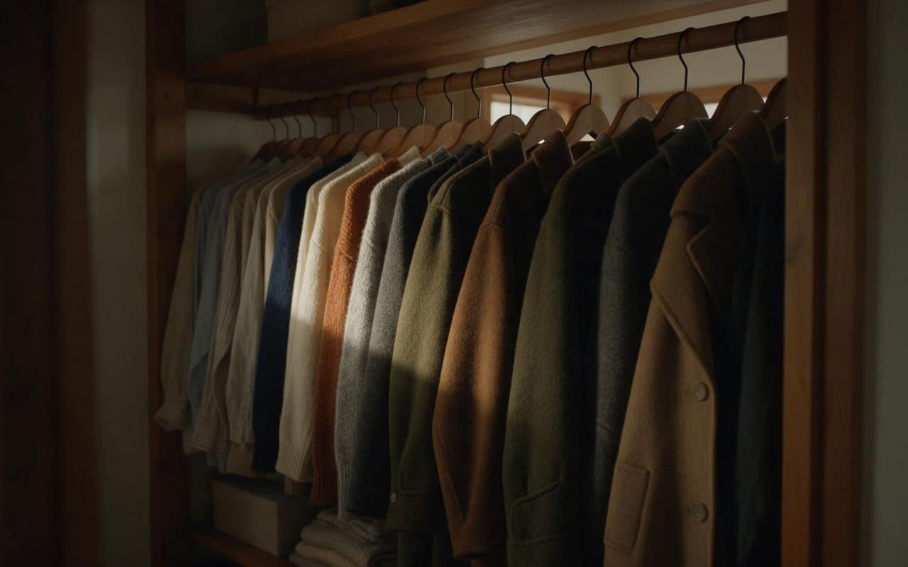 Clothes packed closely together on the hanging rail inside a home wardrobe