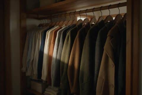 Clothes packed closely together on the hanging rail inside a home wardrobe