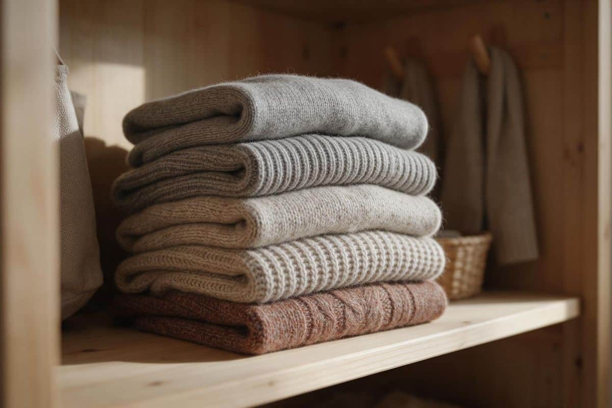 Stack of folded knitted wool sweaters in muted colours on a shelf