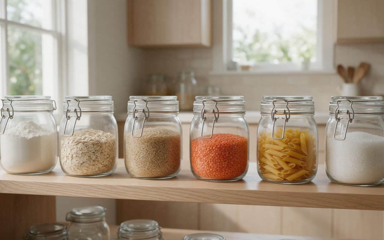 Row of glass jars holding different dry pantry ingredients on a kitchen surface