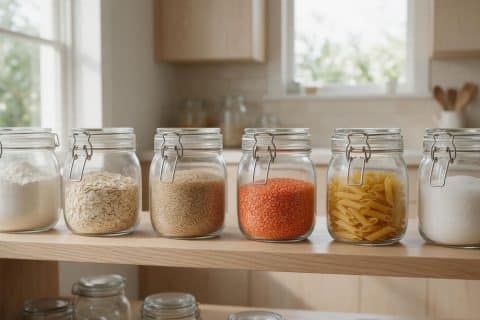 Row of glass jars holding different dry pantry ingredients on a kitchen surface