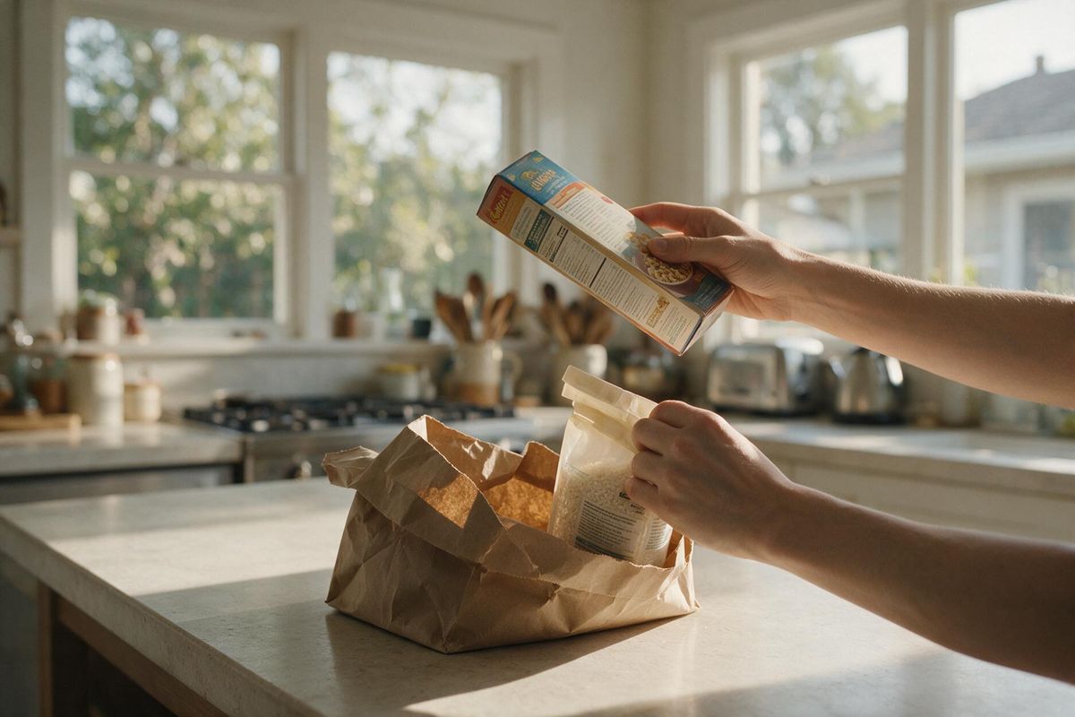 Woman looking through grocery bags on a kitchen counter before putting the food away