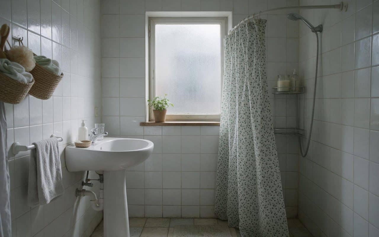 Small apartment bathroom with a window beside the bathtub and tiled walls