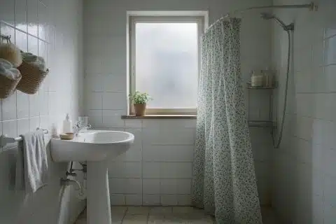 Small apartment bathroom with a window beside the bathtub and tiled walls