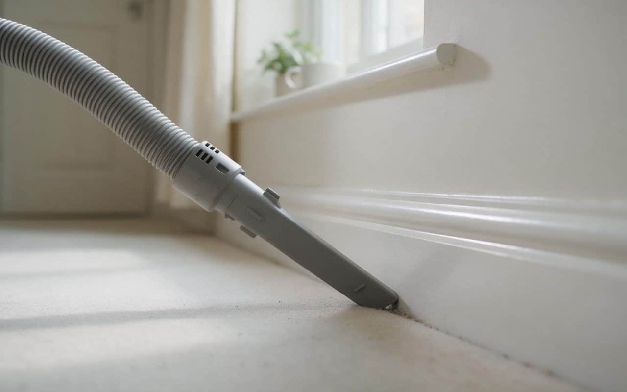 Vacuum crevice tool run along the join between a carpet and a skirting board