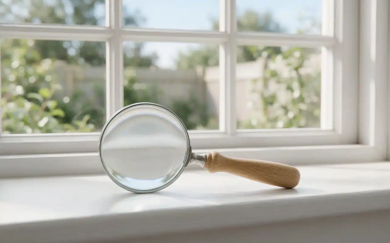 Magnifying loupe resting on a white window sill in daylight