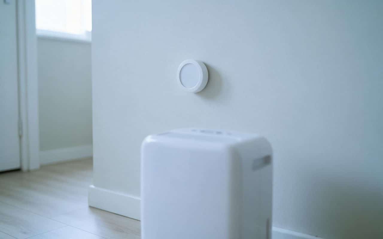 Wall-mounted hygrometer with a dehumidifier running on the floor below