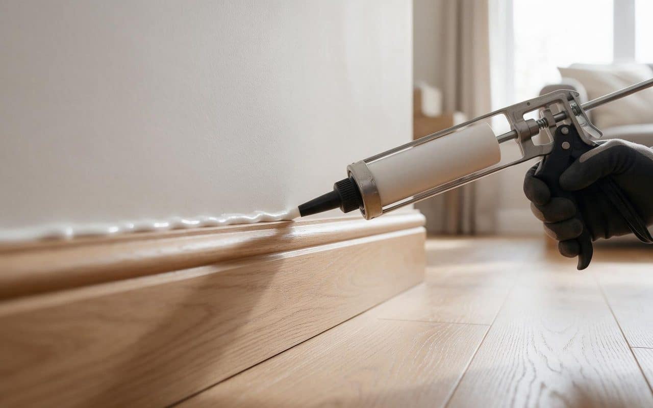 Caulking gun laying a bead of sealant into the gap behind a skirting board