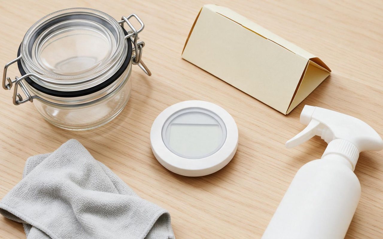 Sealed storage jar, folded card trap, hygrometer and plain spray bottle laid out on a wooden surface