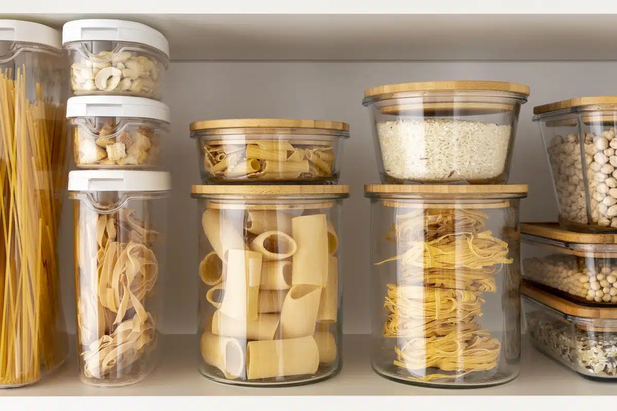 Sealed food containers of dry goods lined up on a kitchen shelf