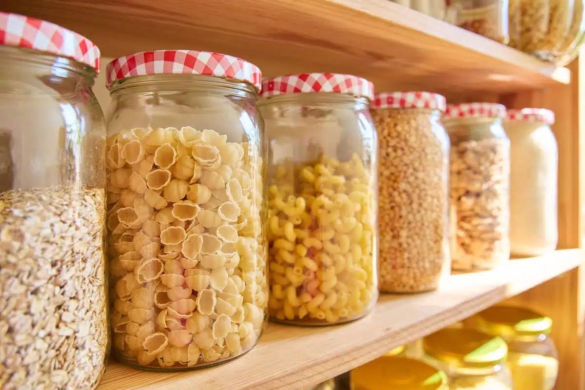 Dry goods stored in sealed containers on kitchen pantry shelves
