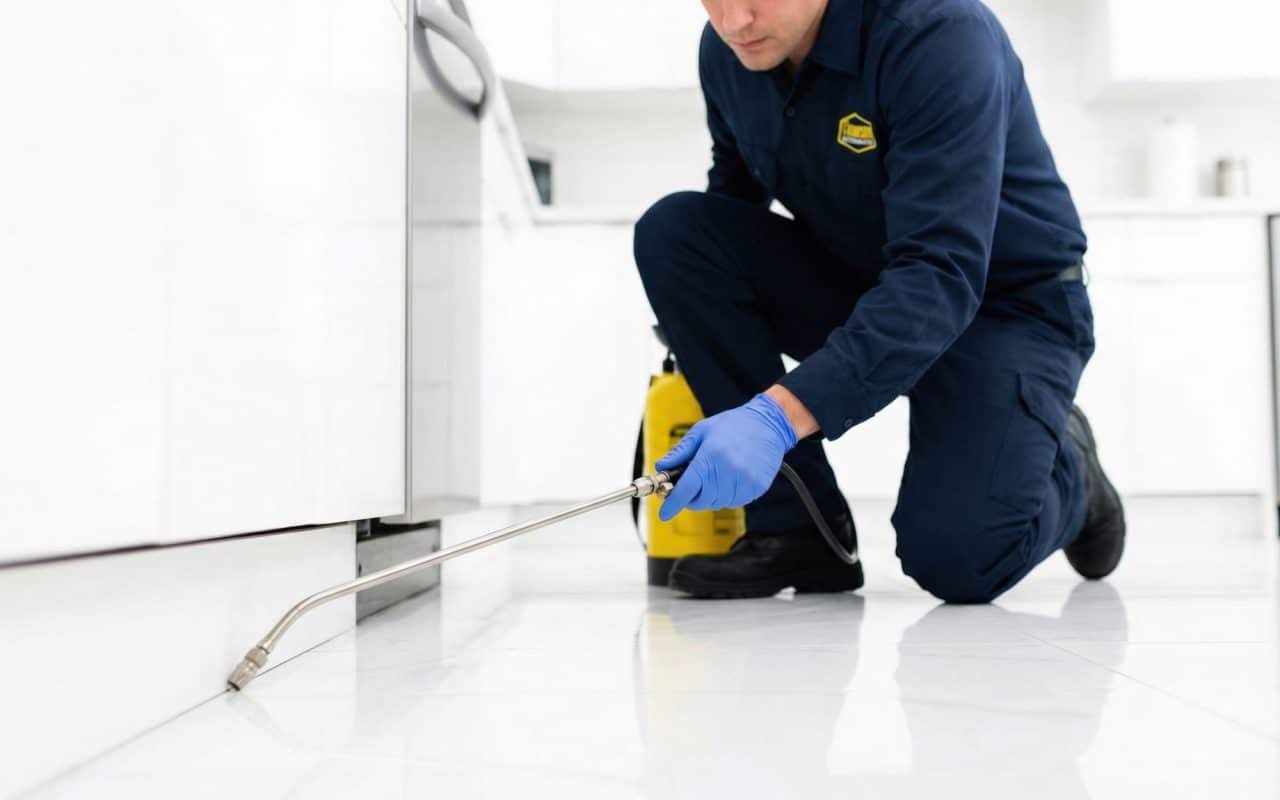 Pest control technician in uniform spraying insecticide under a kitchen cabinet
