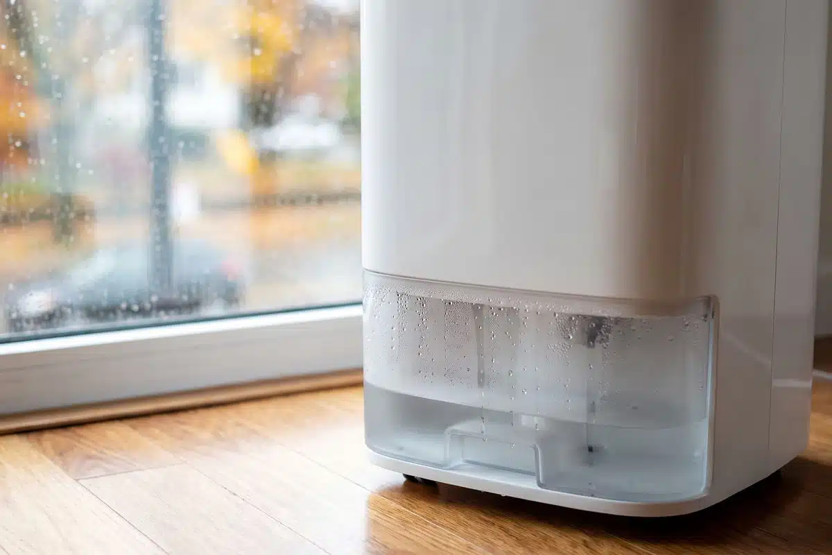 Portable dehumidifier running in a room with water collected in its tank