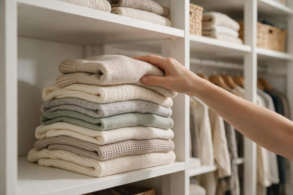 Person placing a folded sweater onto a shelf of stacked clothing in a walk-in closet