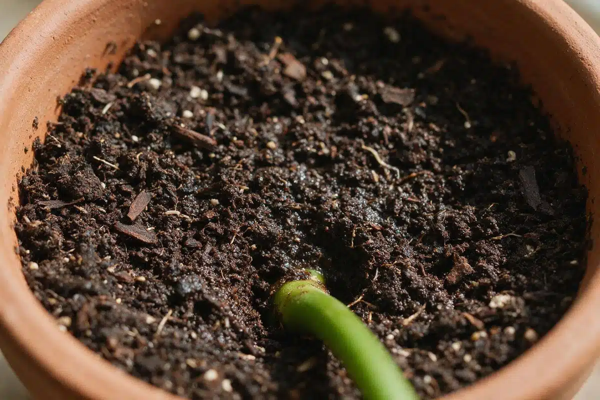 Overhead close-up of dark potting soil around the base of a green houseplant in its pot