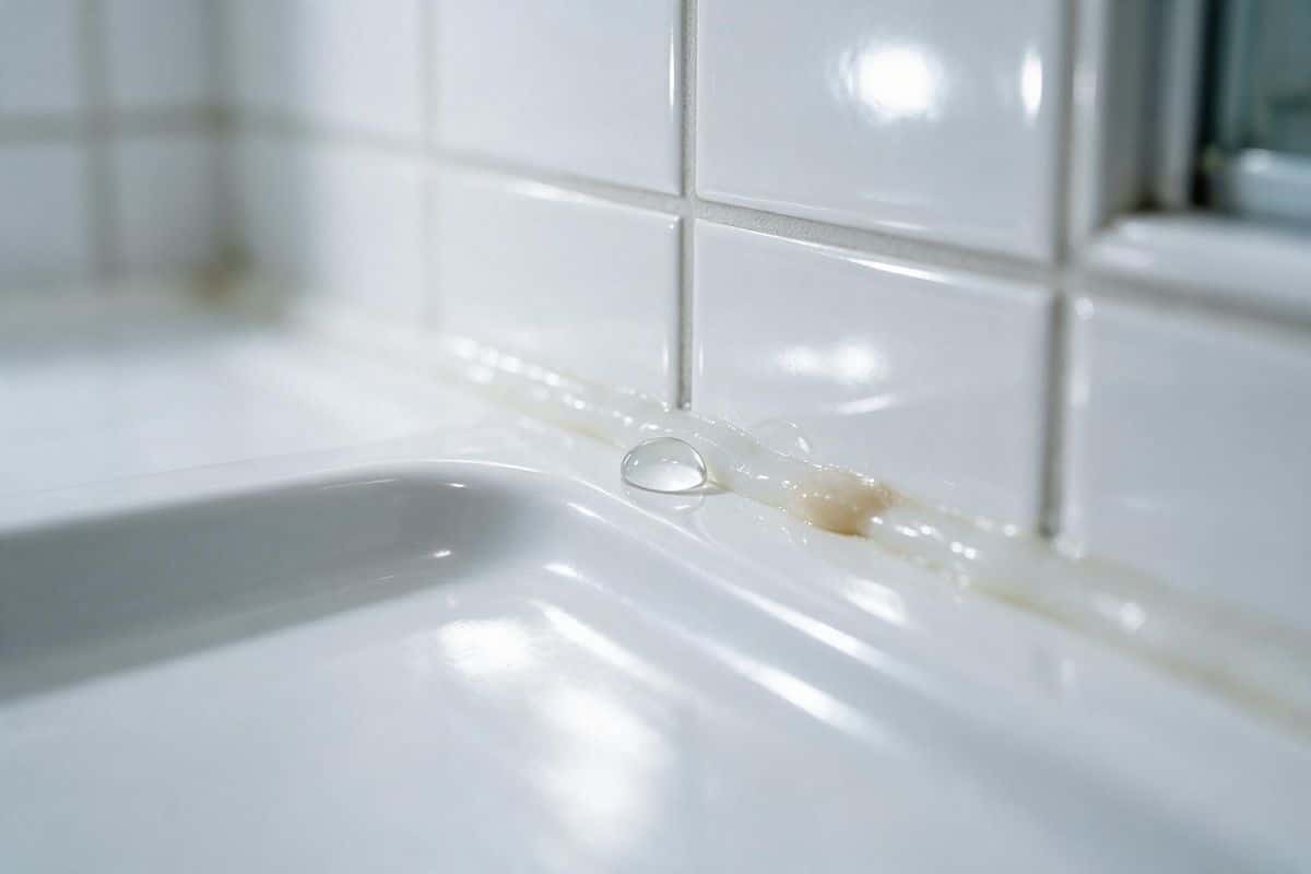 Silicone seal where a shower tray meets a tiled wall, with water sitting in the joint