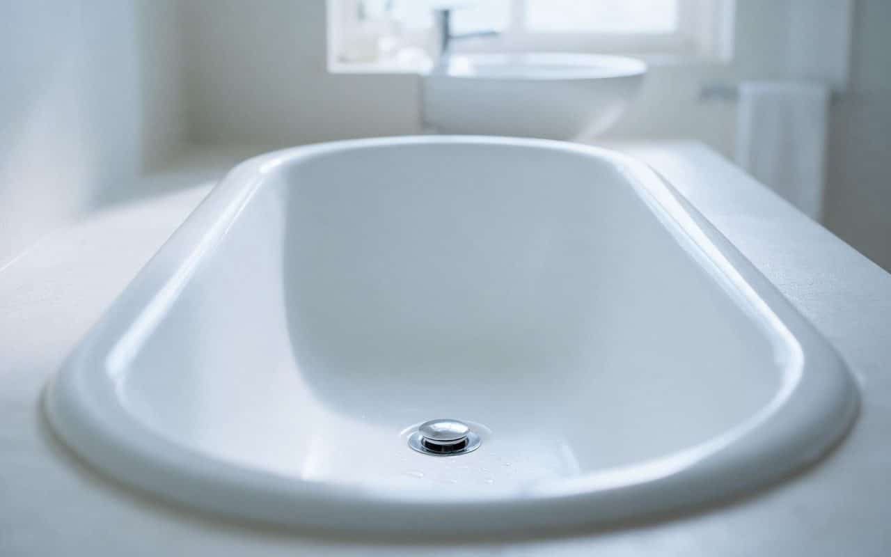 Empty white enamel bathtub seen from one end, smooth sides sloping to the drain