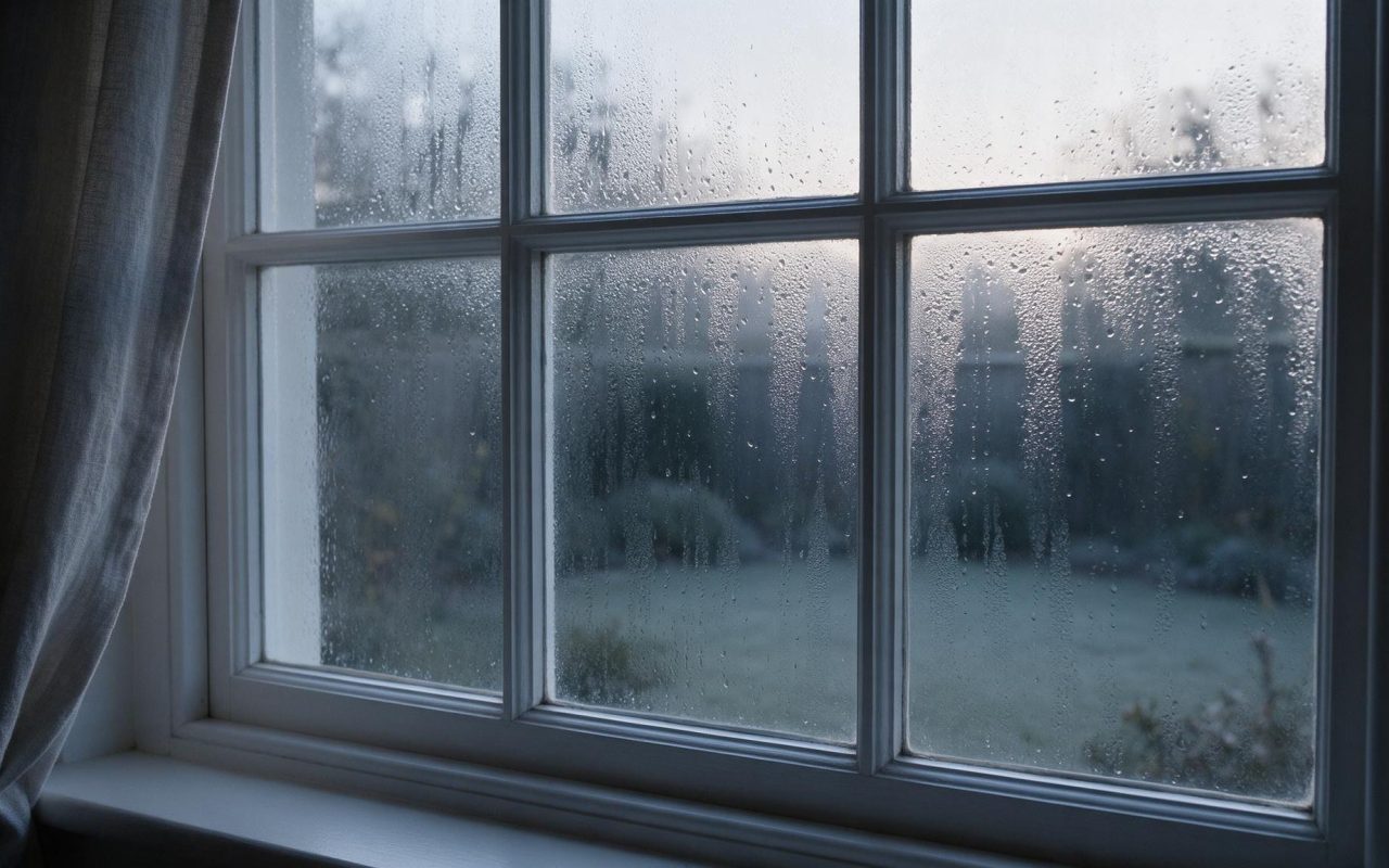 Condensation running down the inside of a bedroom window on a cold morning