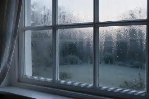Condensation running down the inside of a bedroom window on a cold morning